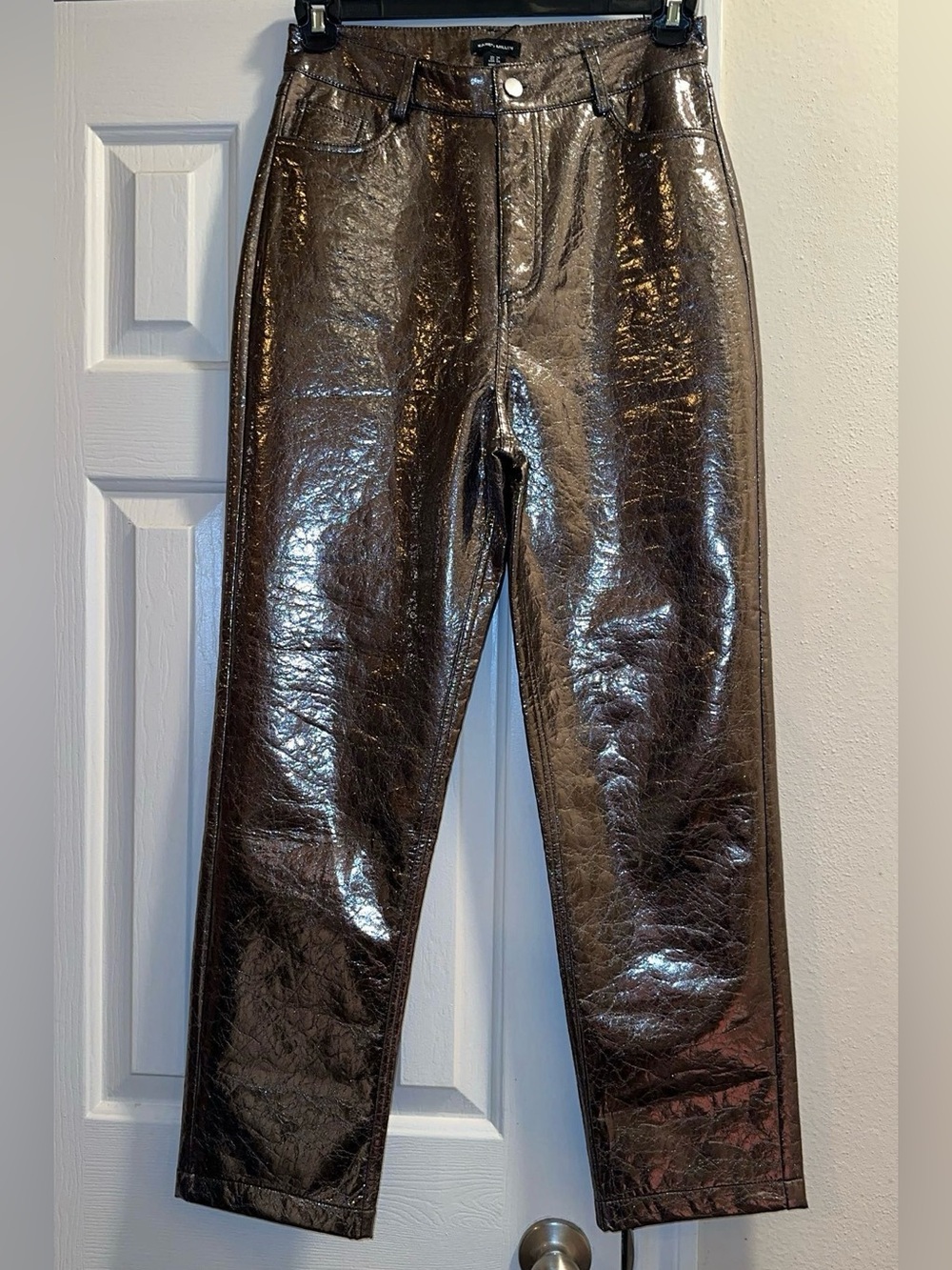 Karen Millen Metallic Faux Leather Pewter Straight-Leg Trousers
